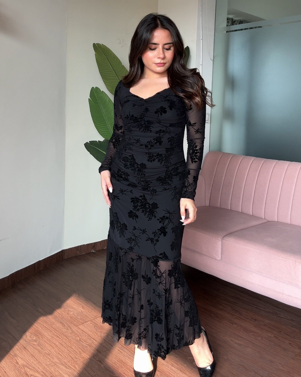 Mesh Fit And Flared Midi Dress