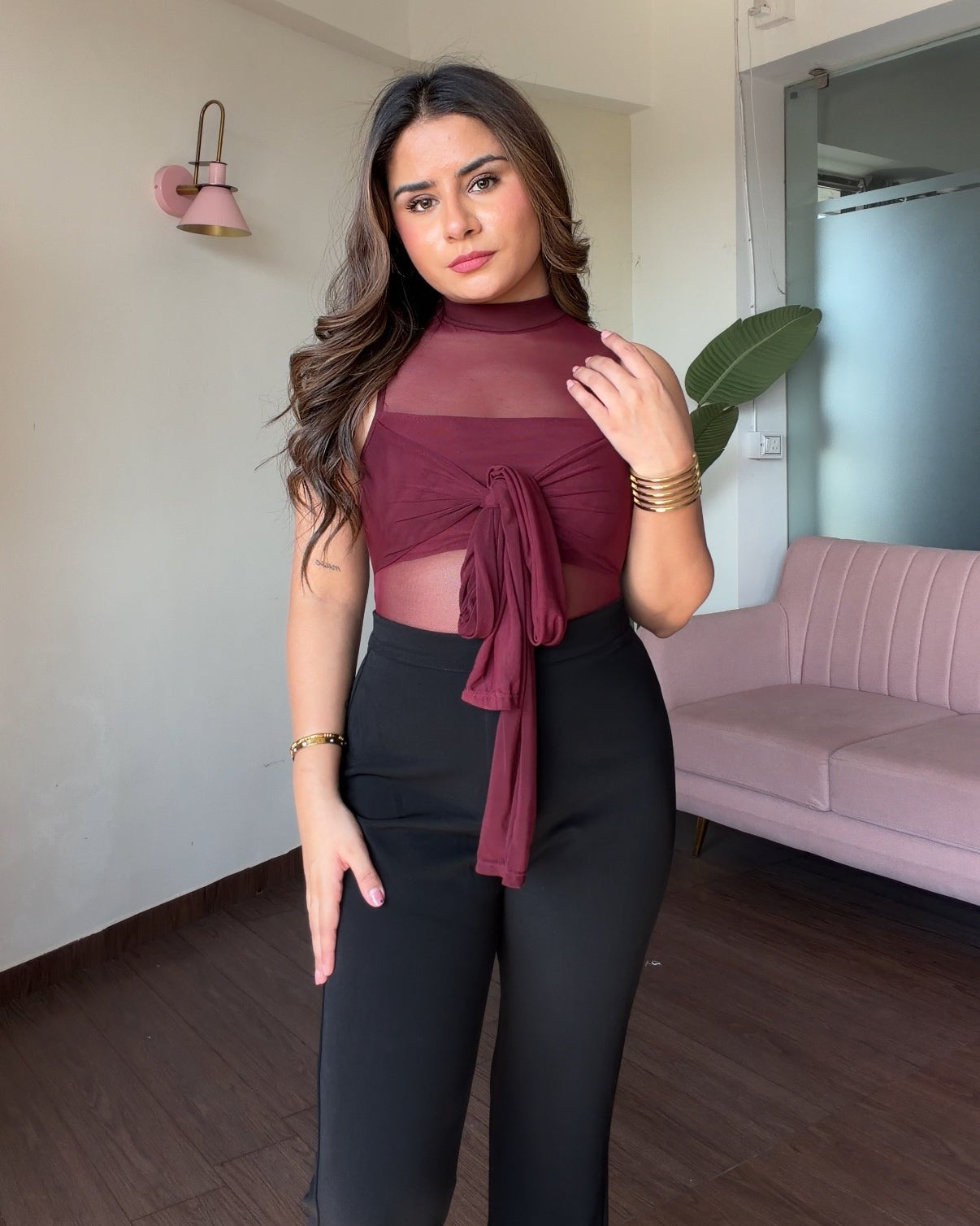 Mesh Knot Detailing Cut Out Padded Top