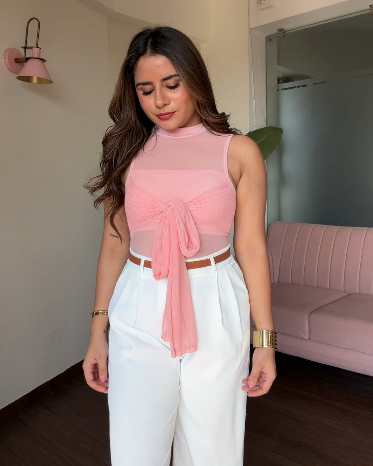 Mesh Knot Detailing Cut Out Padded Top