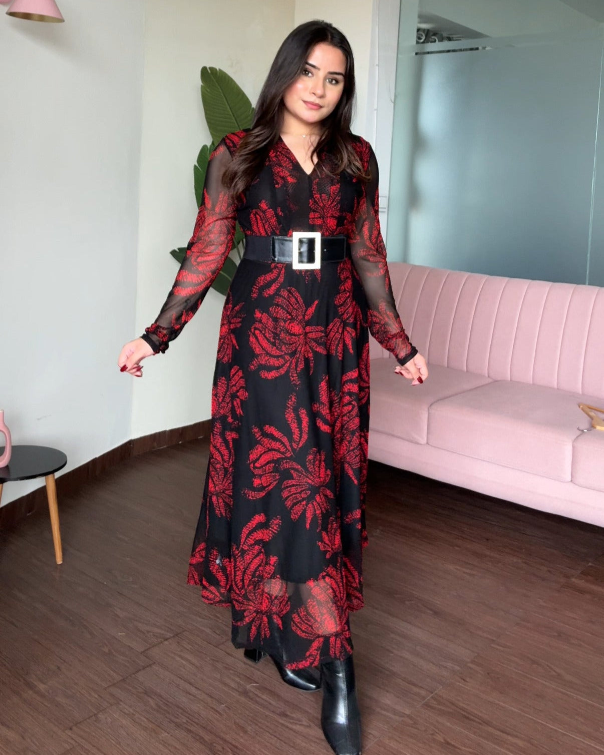 Mesh Printed V Neck Dress With Rhinestone Belt