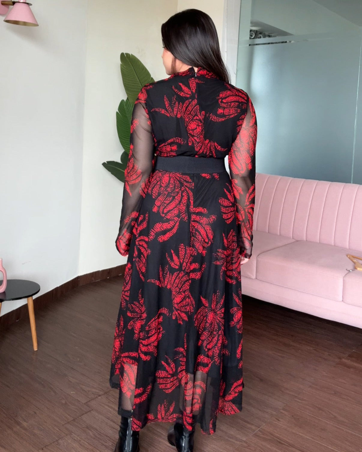 Mesh Printed V Neck Dress With Rhinestone Belt