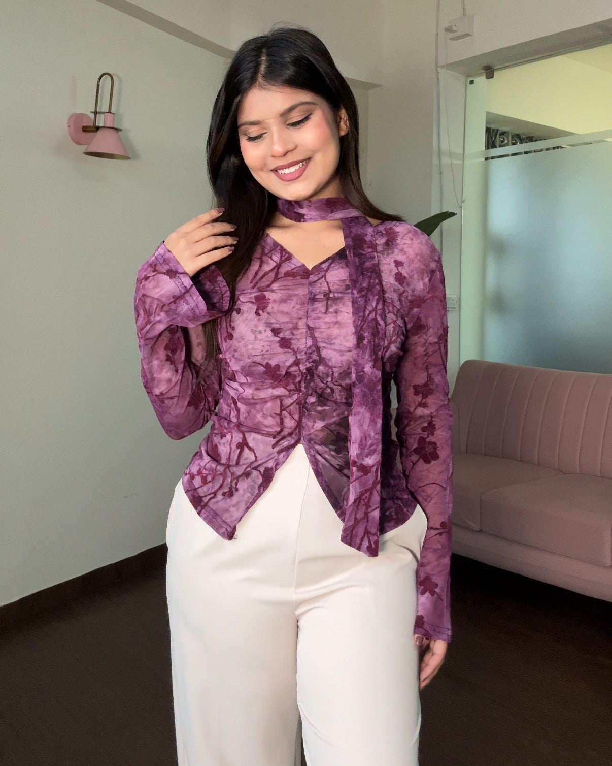 Mesh Ruched V Hem Top With Scarf