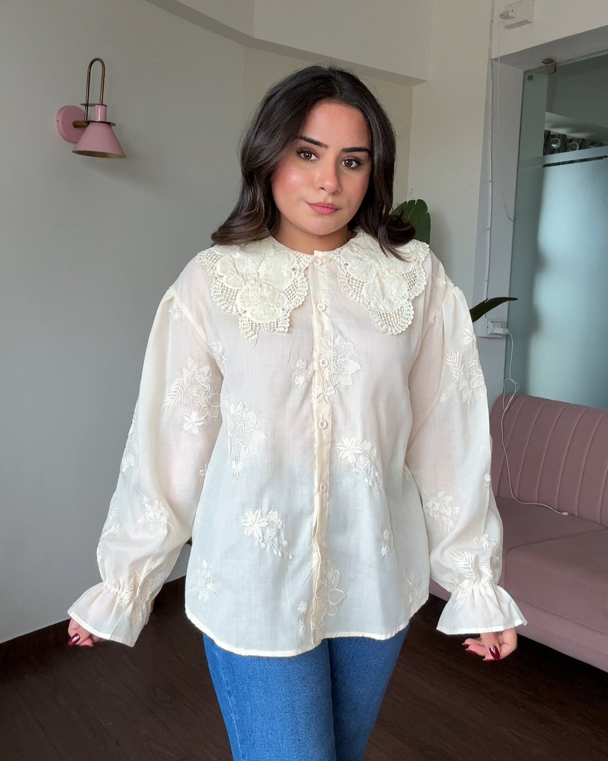 Monochrome Embroidery Korean Lace Collared Bell Sleeve Shirt