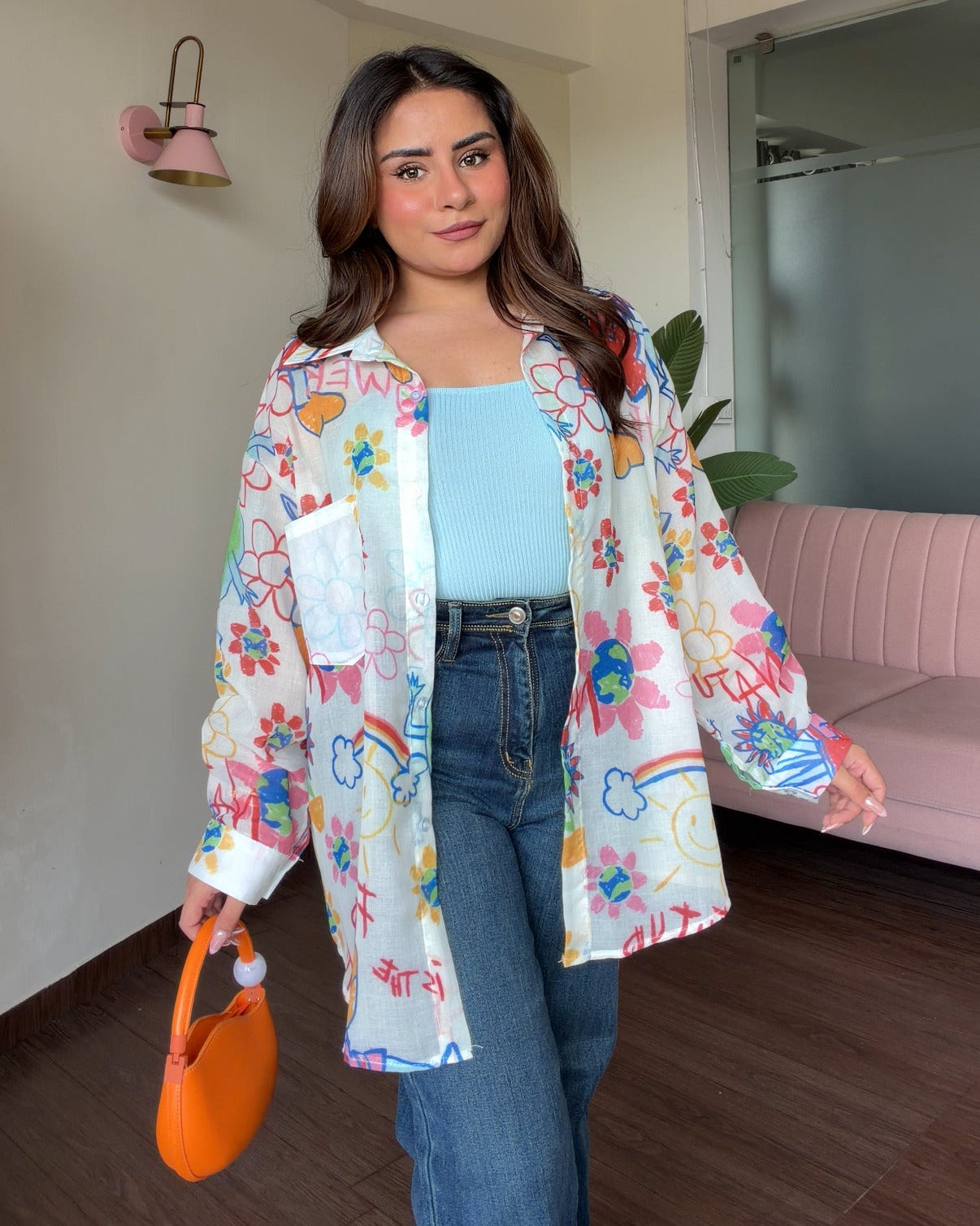 Multicolour Doodle Printed Summer Shirt With Cami Top