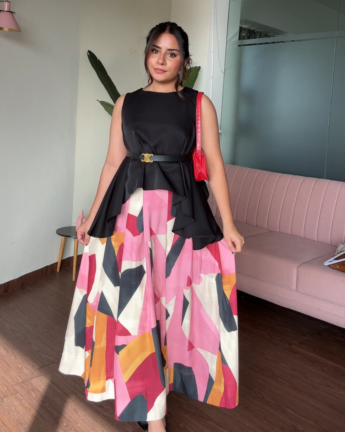 Multicoloured Block Flared Printed Skirt