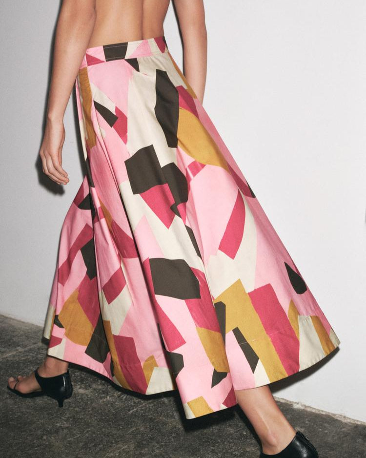 Multicoloured Block Flared Printed Skirt