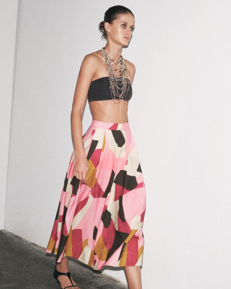 Multicoloured Block Flared Printed Skirt
