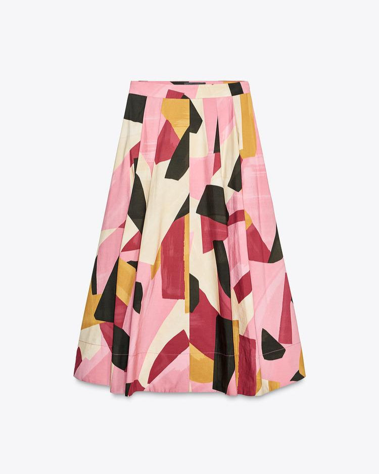 Multicoloured Block Flared Printed Skirt