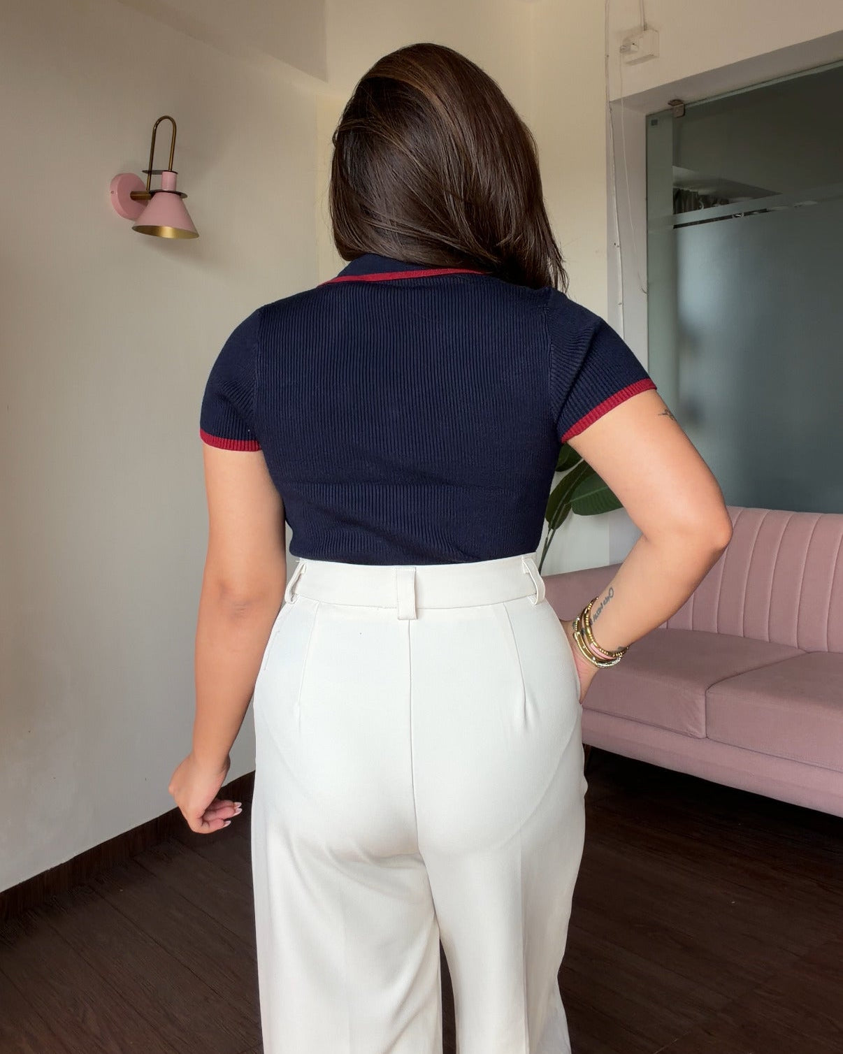 Navy Blue Contrast Button Detailing Polo Ribbed Top