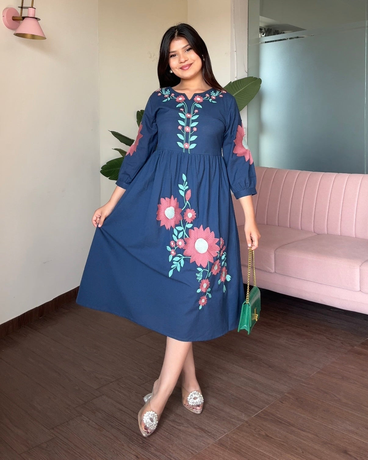 Navy Blue Embroidered Flared Dress