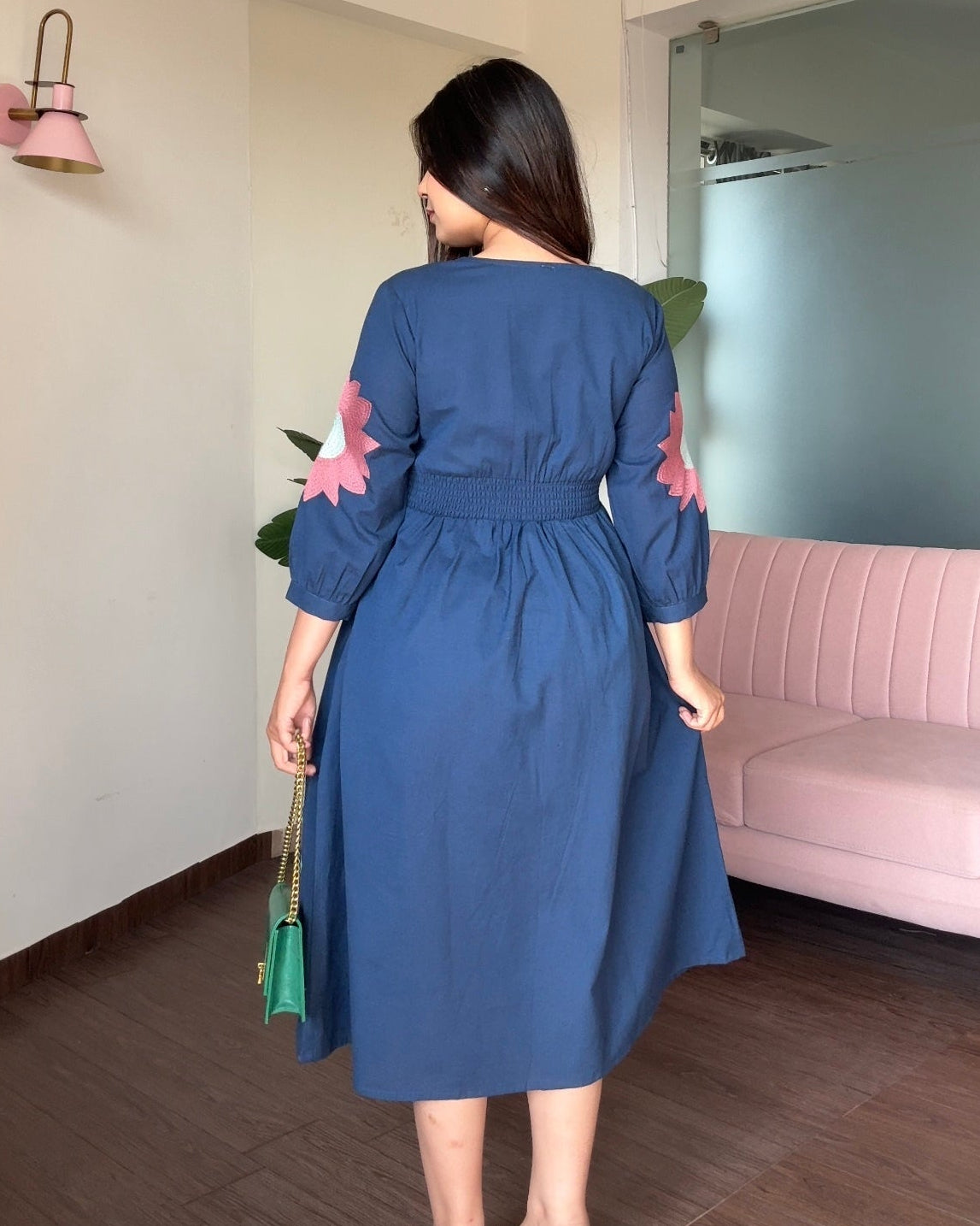 Navy Blue Embroidered Flared Dress