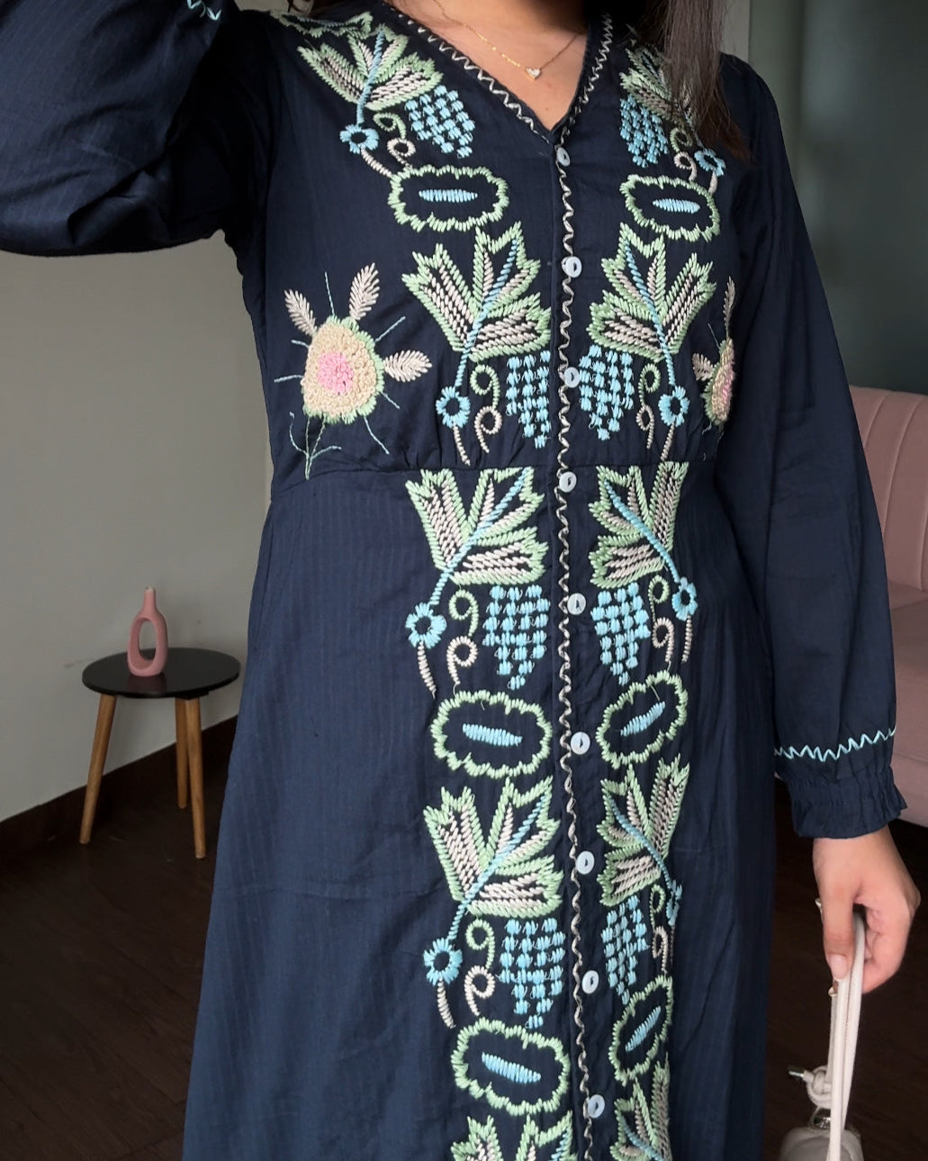 Embroidered V Neck A Line Cotton Dress