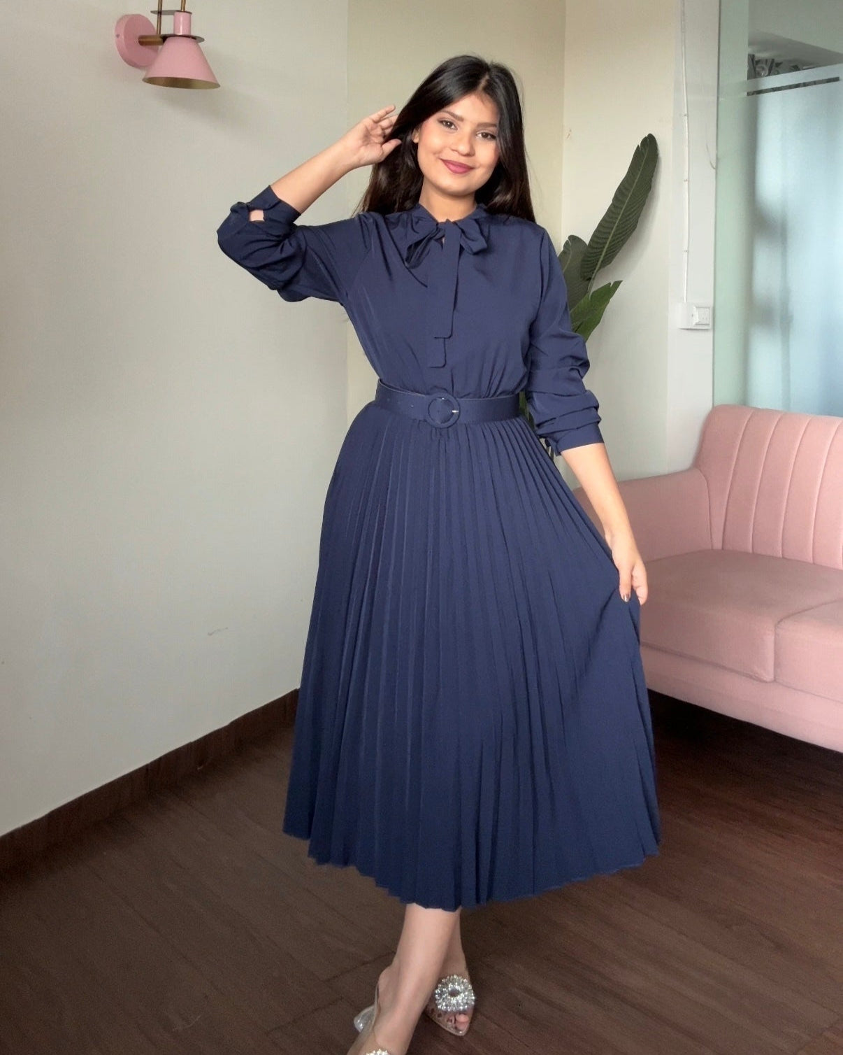 Neck Tie Up Pleated Dress With Belt