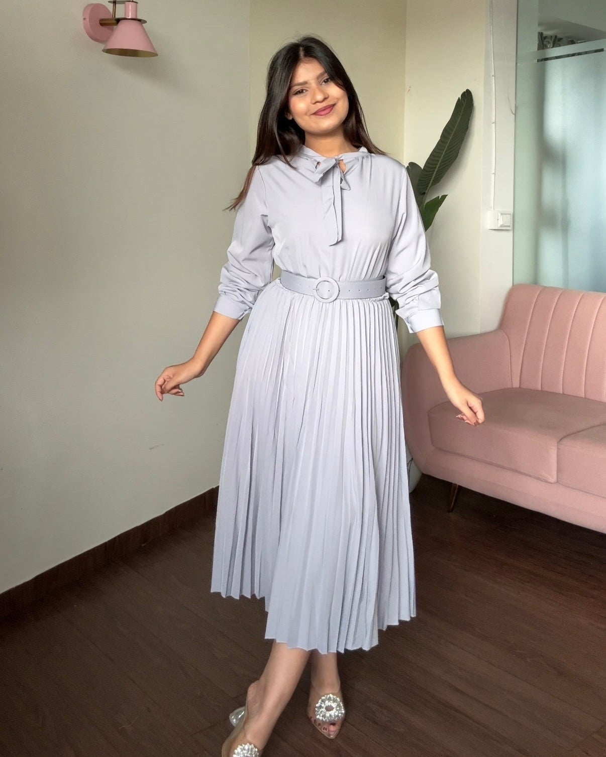 Neck Tie Up Pleated Dress With Belt