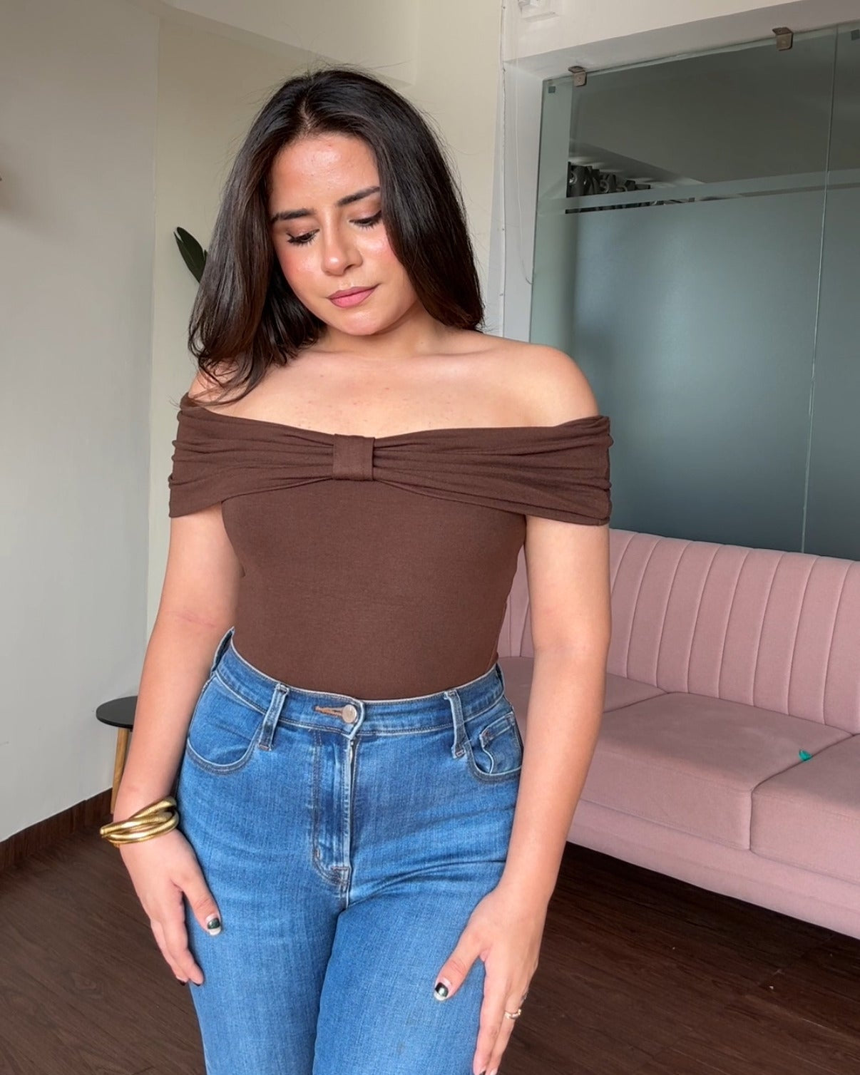 Off Shoulder Bow Detail Bodycon Top