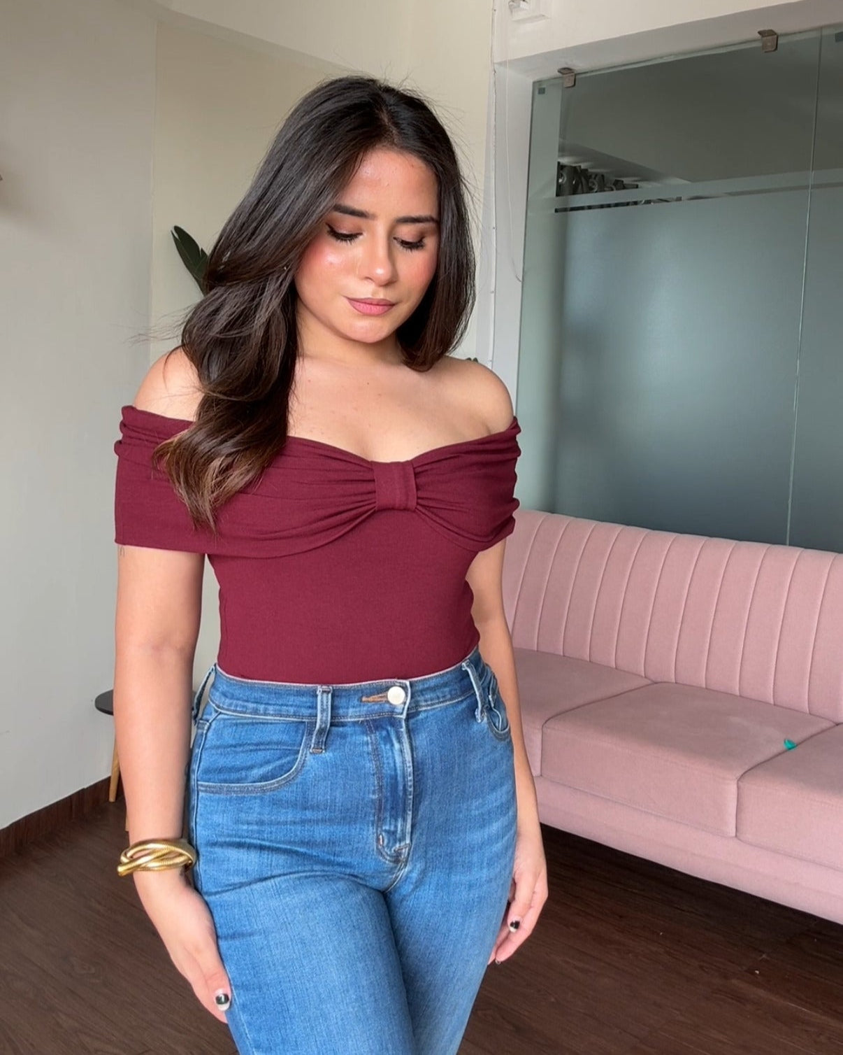 Off Shoulder Bow Detail Bodycon Top