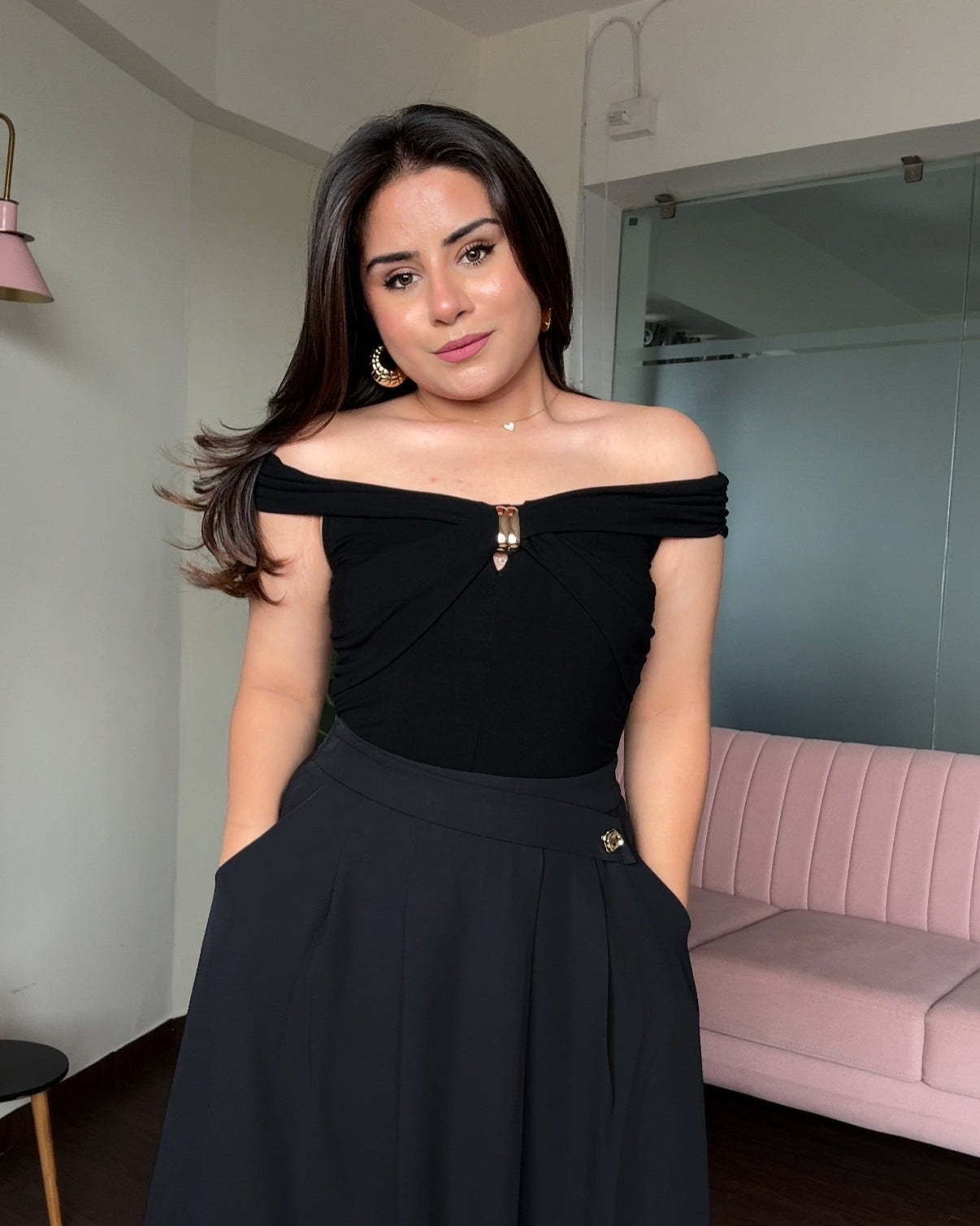 Off Shoulder Golden Buckle Detail Draped Top