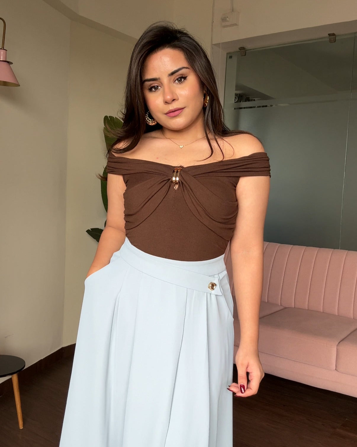 Off Shoulder Golden Buckle Detail Draped Top