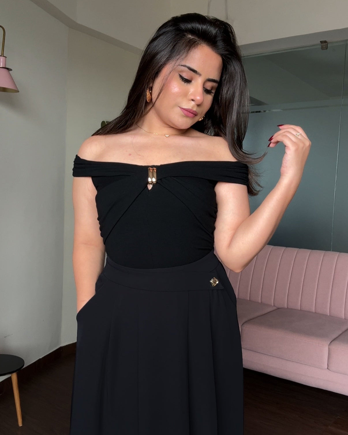 Off Shoulder Golden Buckle Detail Draped Top
