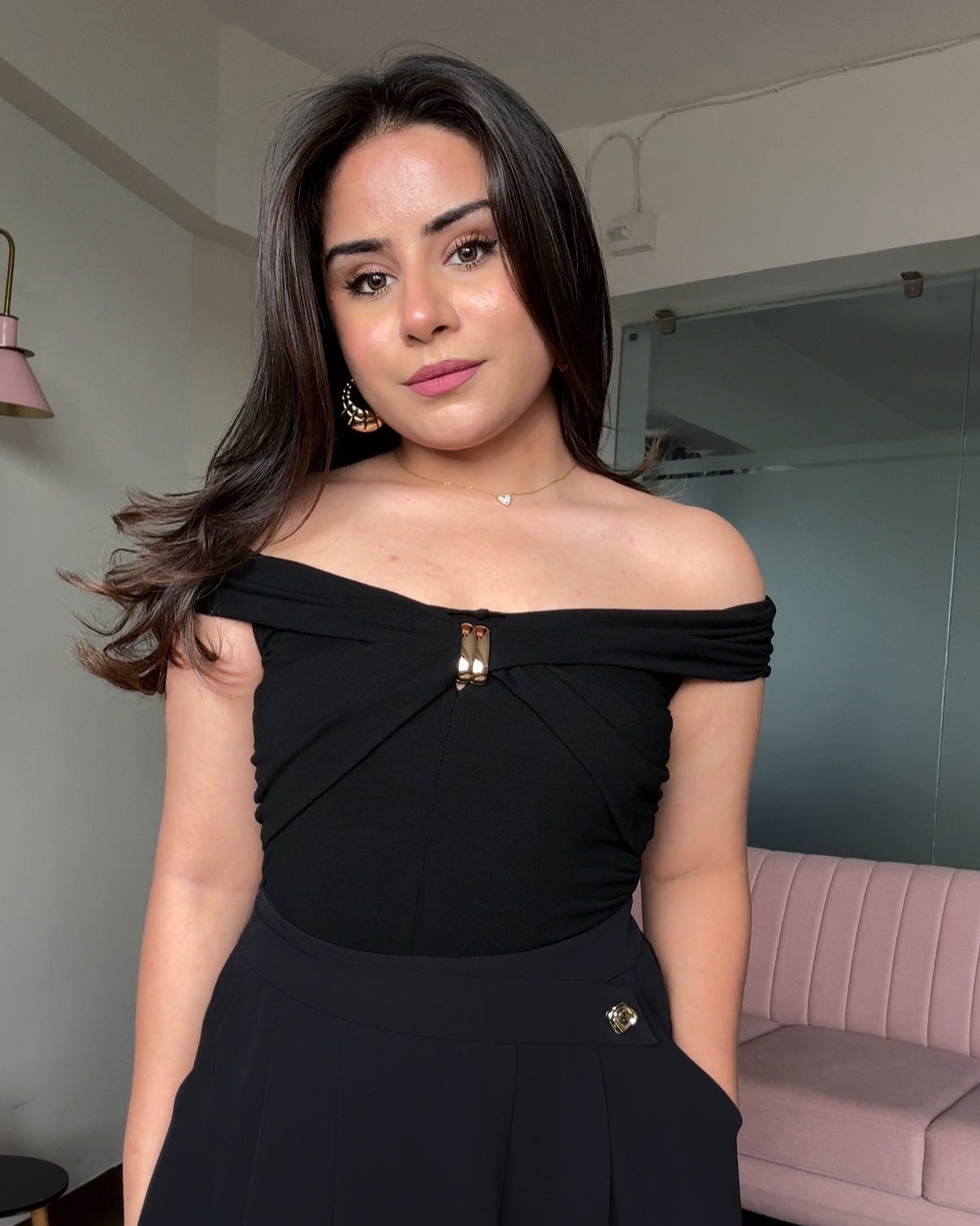 Off Shoulder Golden Buckle Detail Draped Top