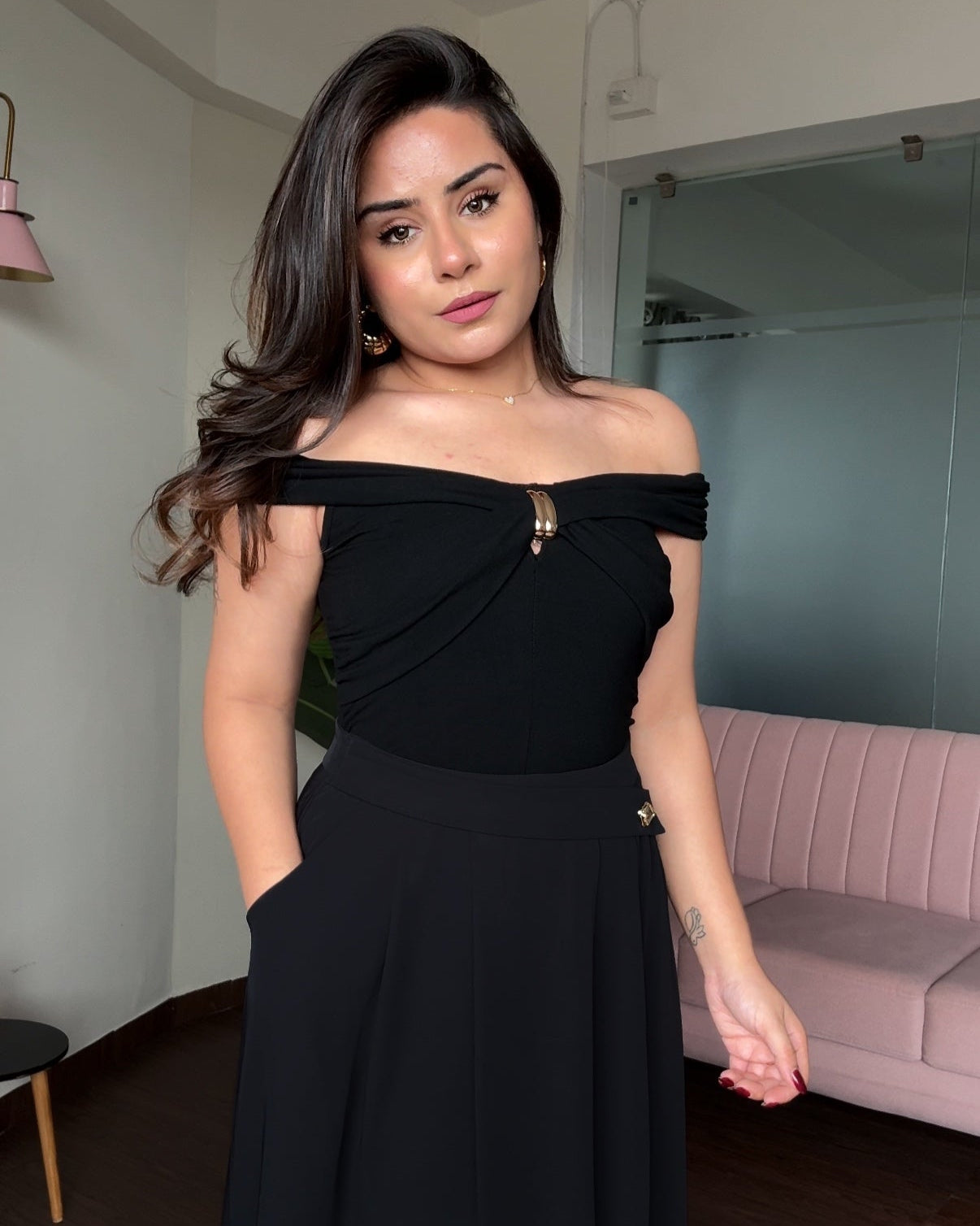 Off Shoulder Golden Buckle Detail Draped Top