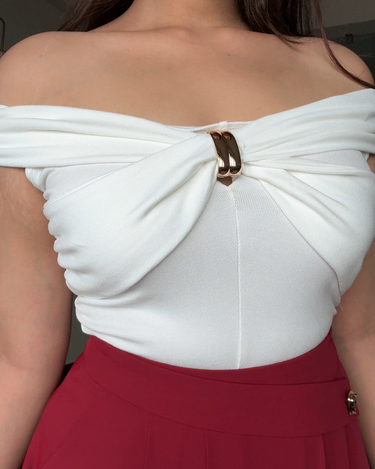 Off Shoulder Golden Buckle Detail Draped Top