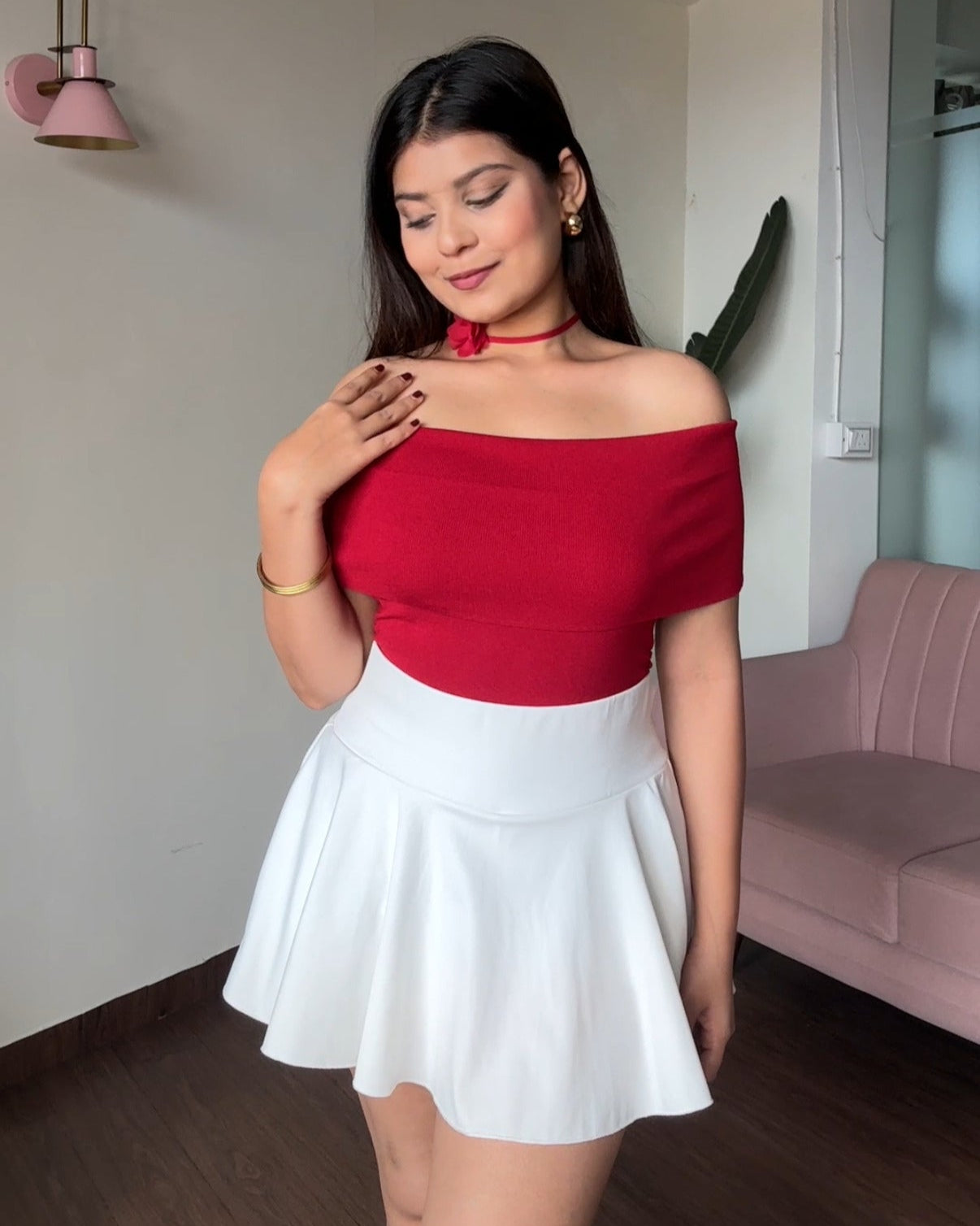 Off Shoulder Solid Top With Chocker