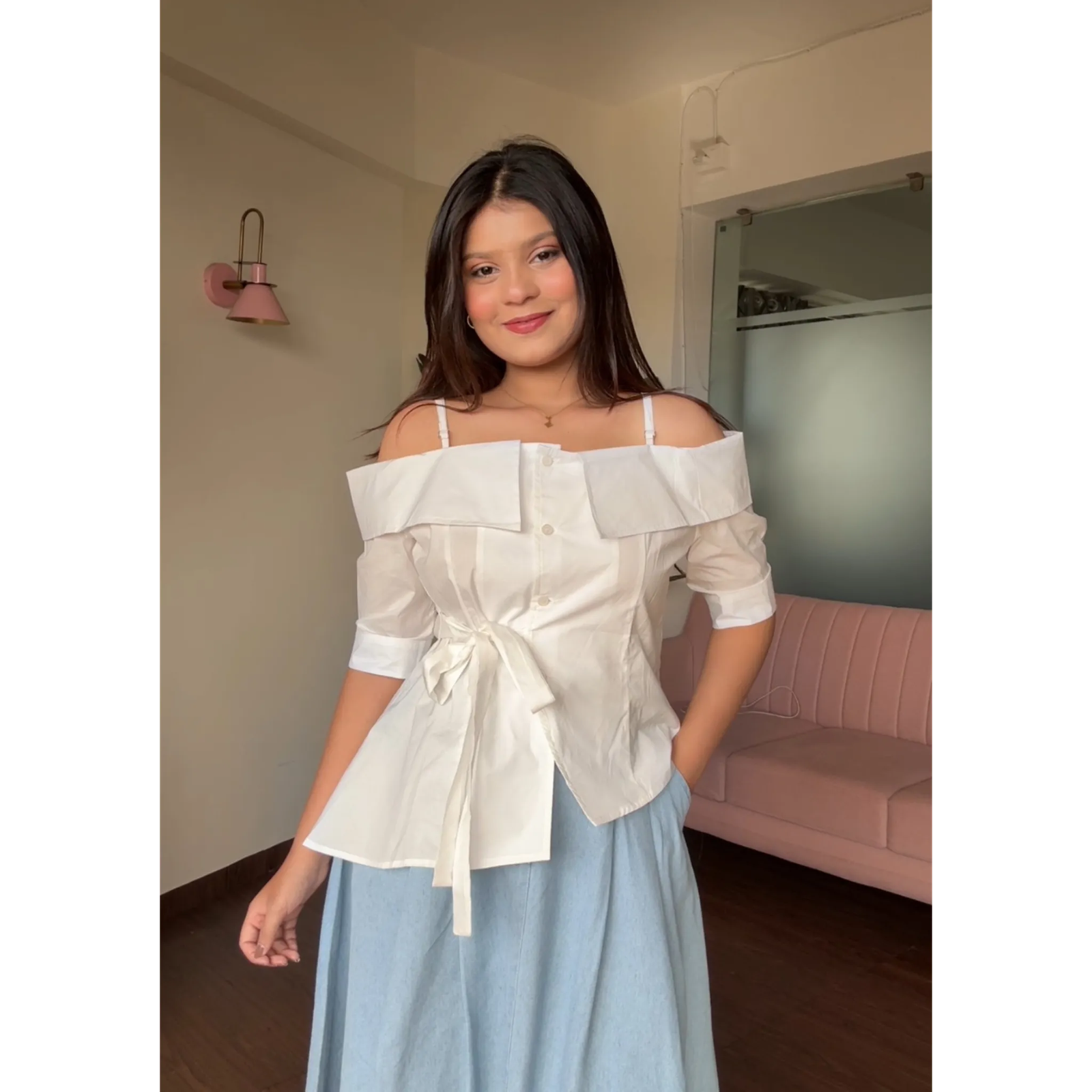 Off Shoulder Tie Up Button Up Shirt