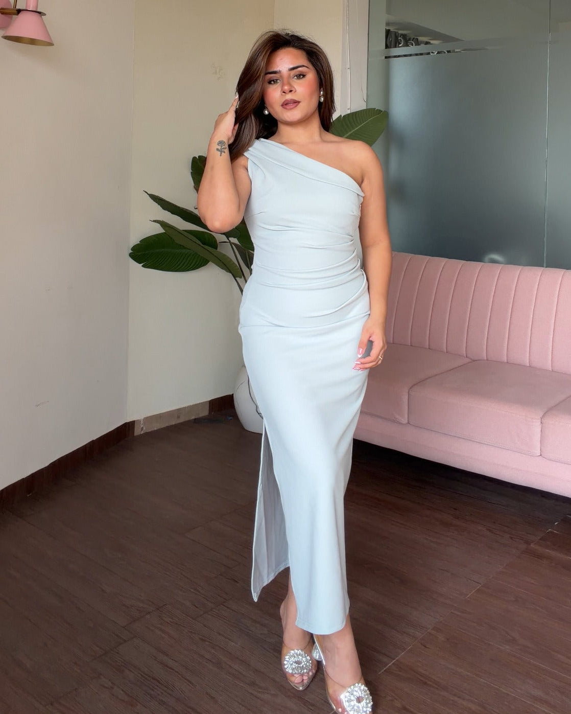 One Shoulder Ruched Bodycon Midi Dress