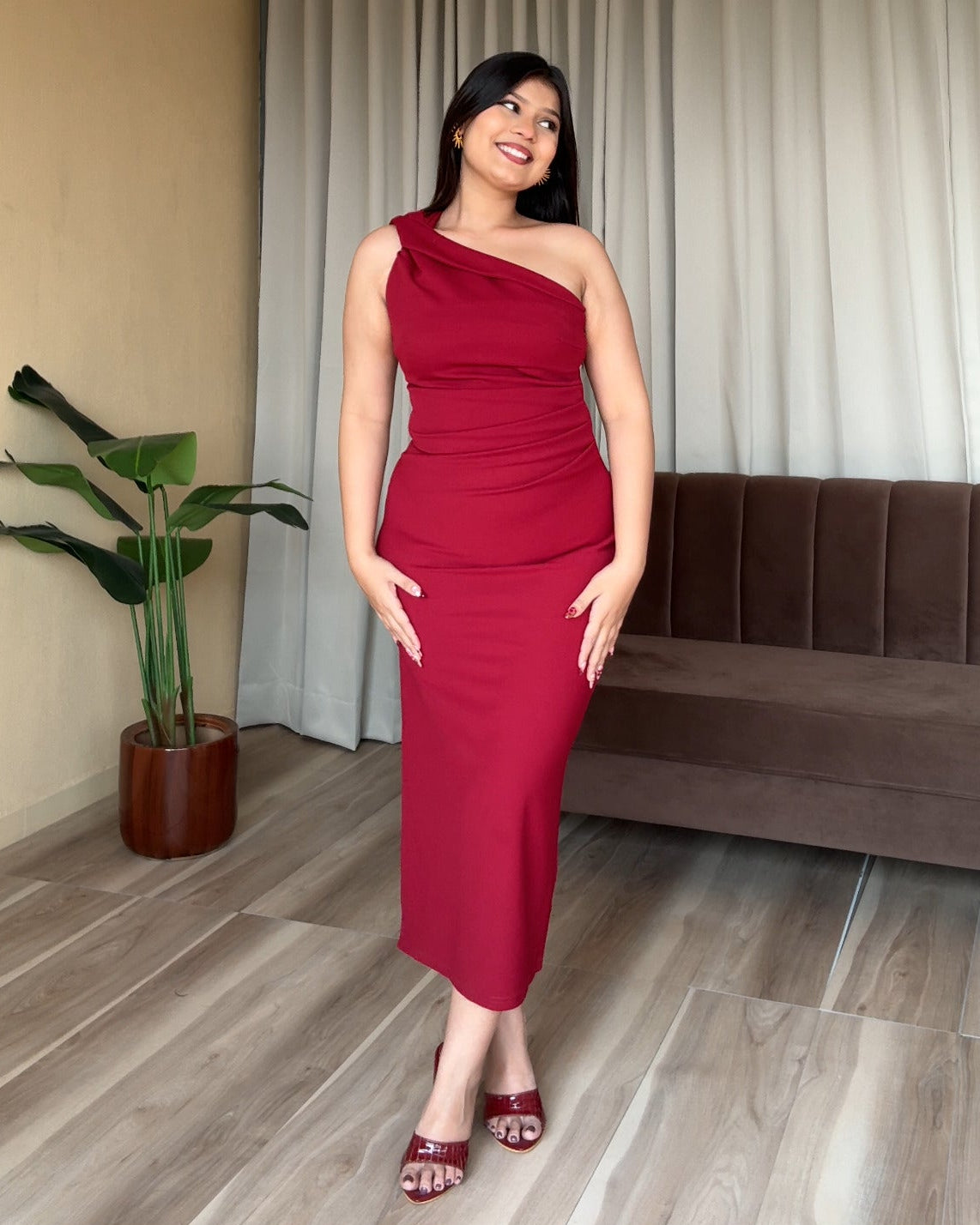 One Shoulder Ruched Bodycon Midi Dress