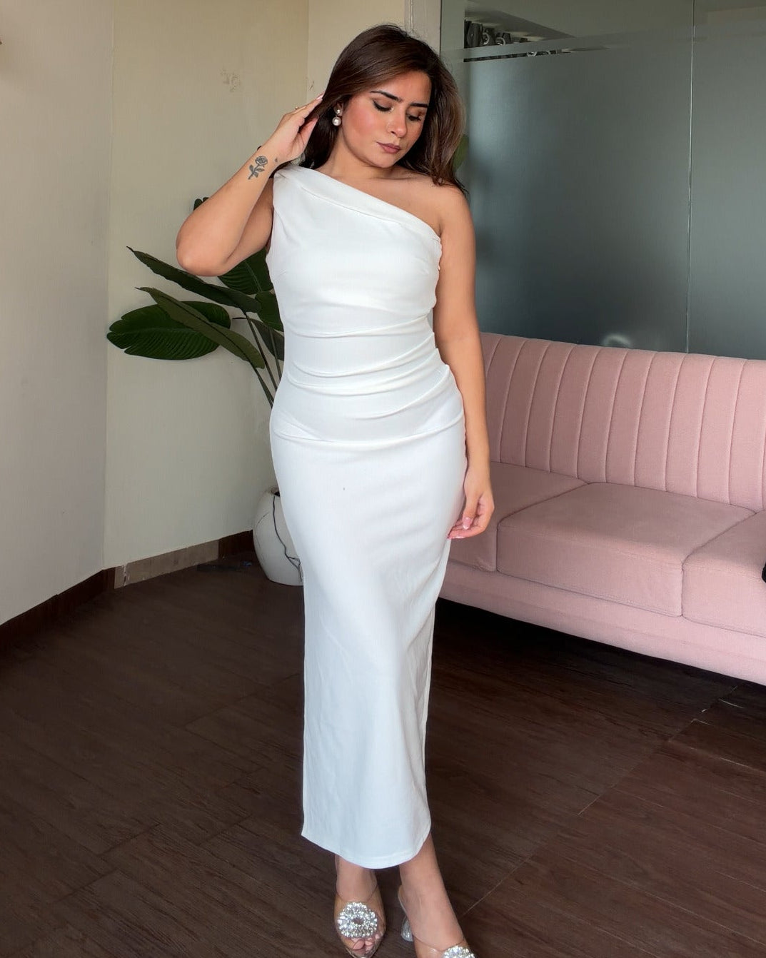 One Shoulder Ruched Bodycon Midi Dress