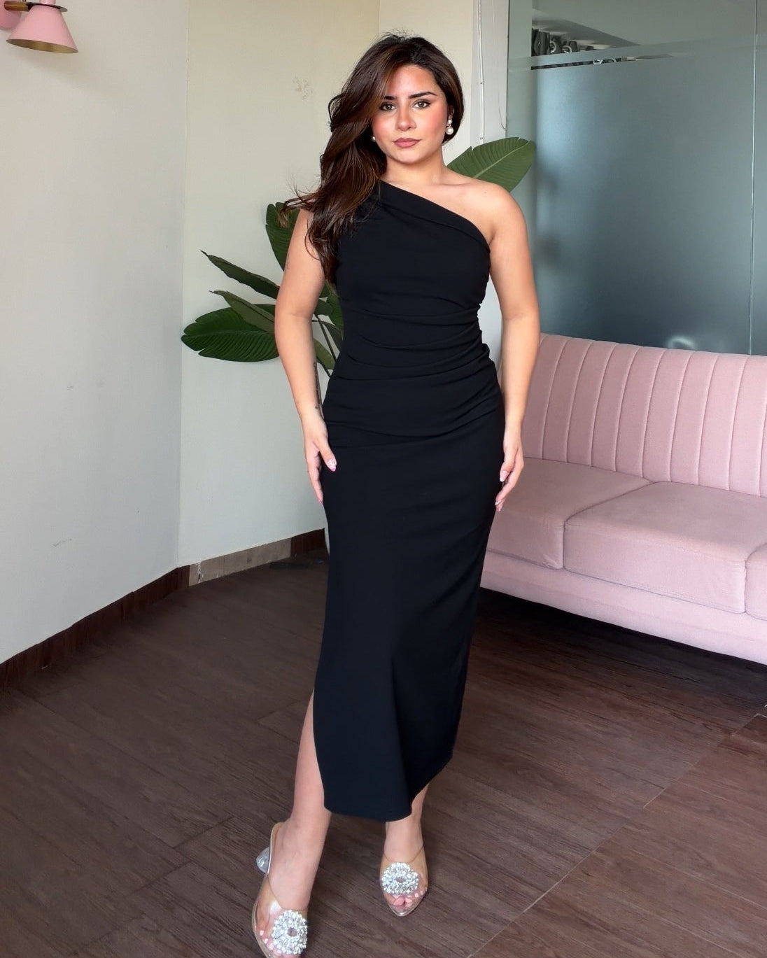 One Shoulder Ruched Bodycon Midi Dress