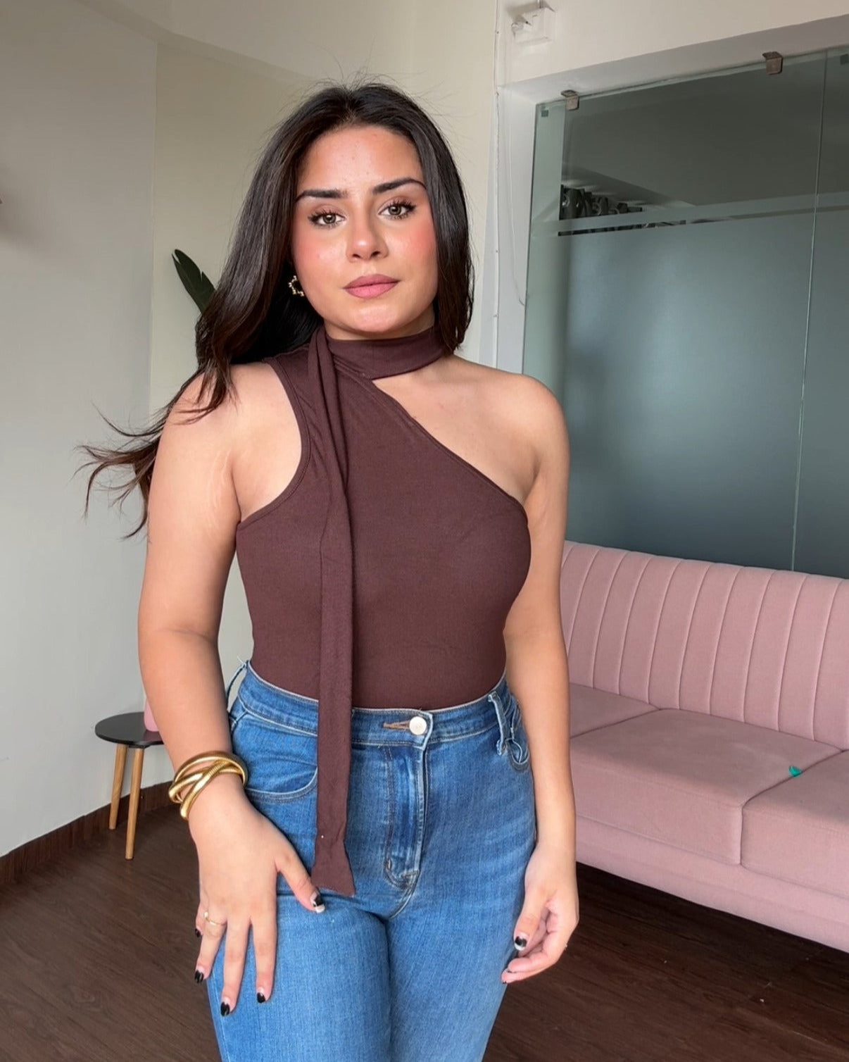 One Shoulder Wrap Style Bodycon Padded Top