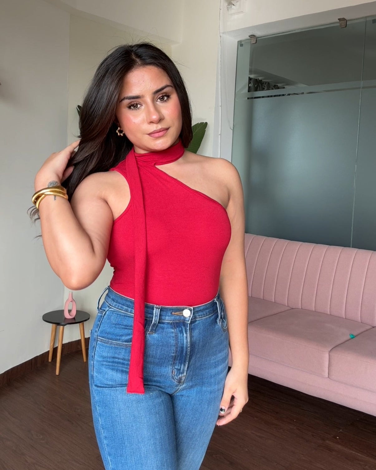 One Shoulder Wrap Style Bodycon Padded Top