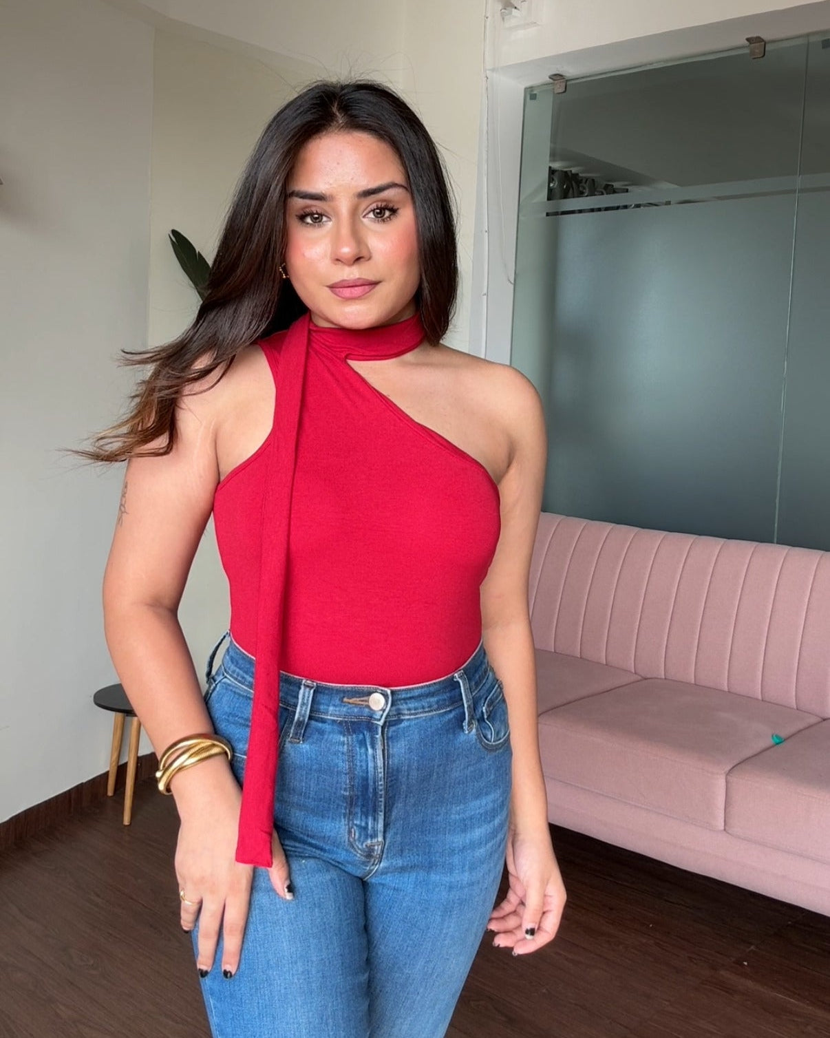 One Shoulder Wrap Style Bodycon Padded Top