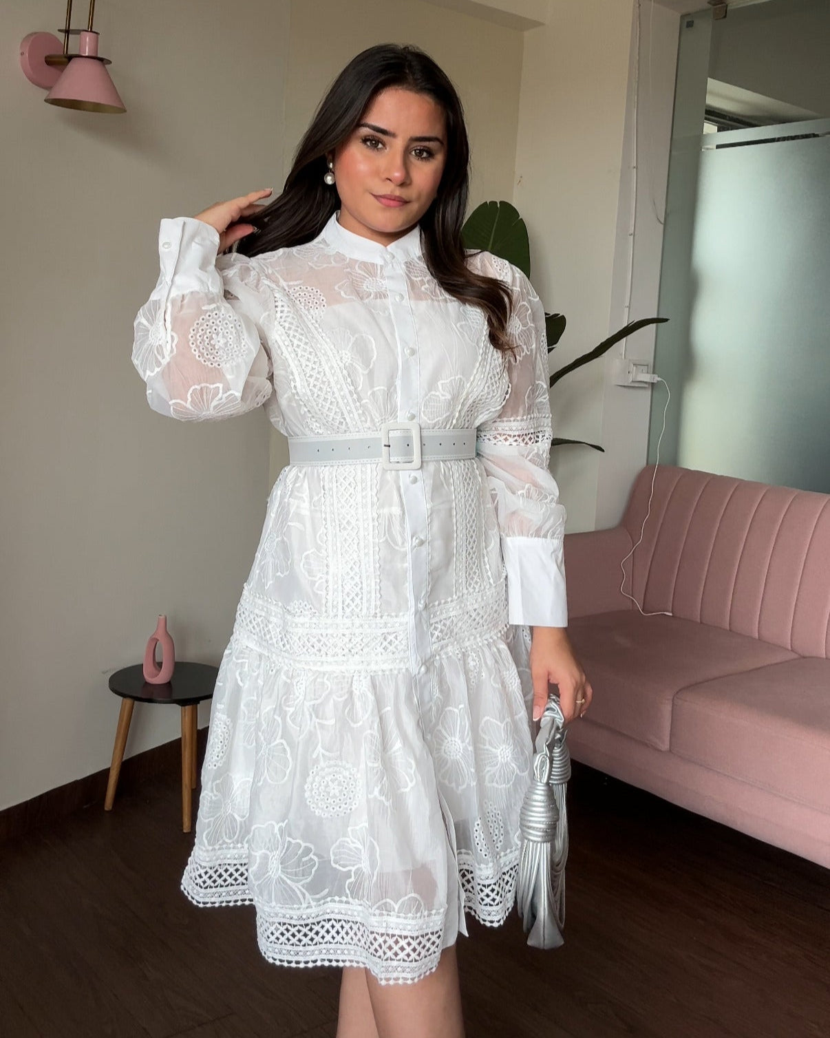 Organza Button Up Embroidered Flared Shirt Dress