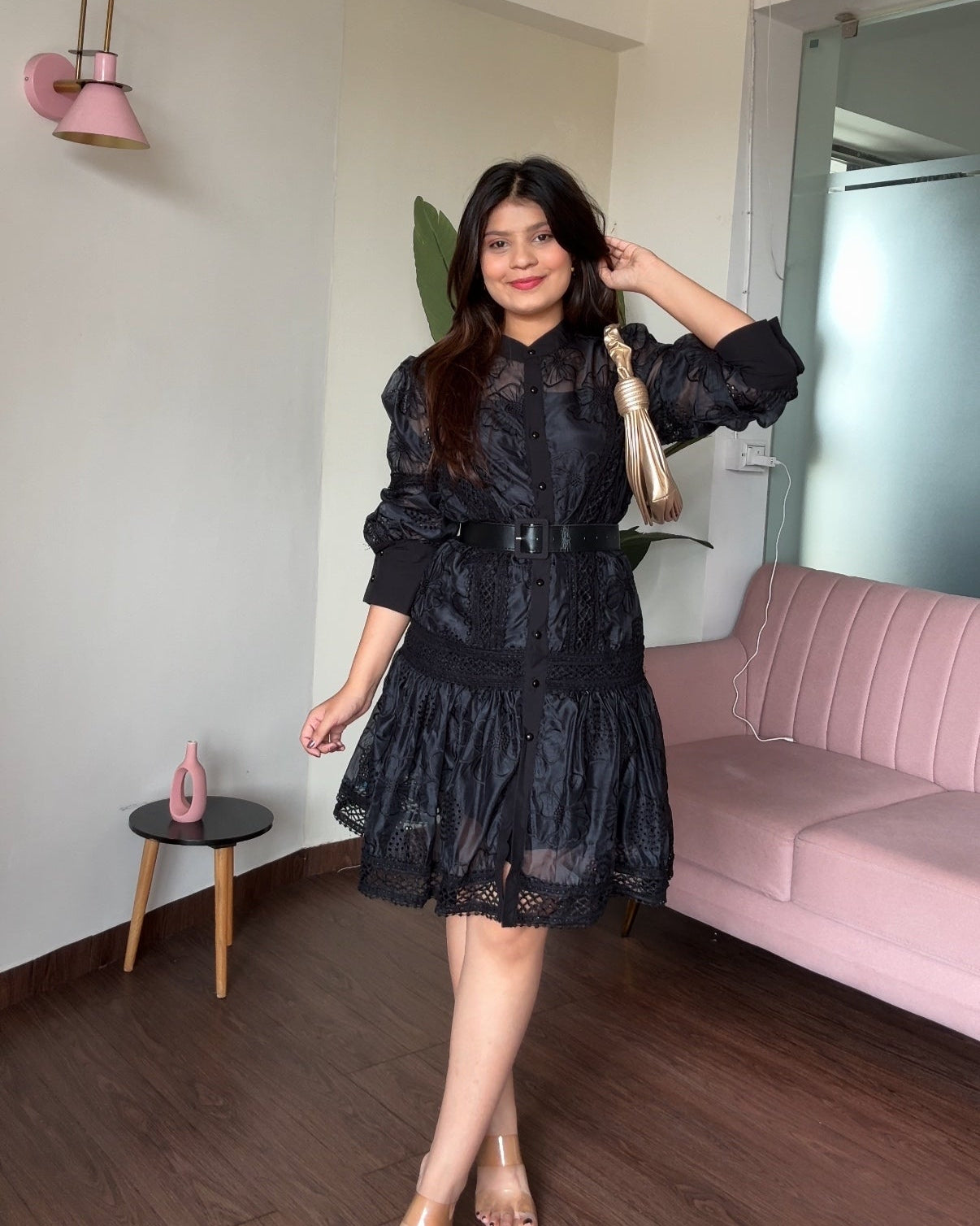 Organza Button Up Embroidered Flared Shirt Dress
