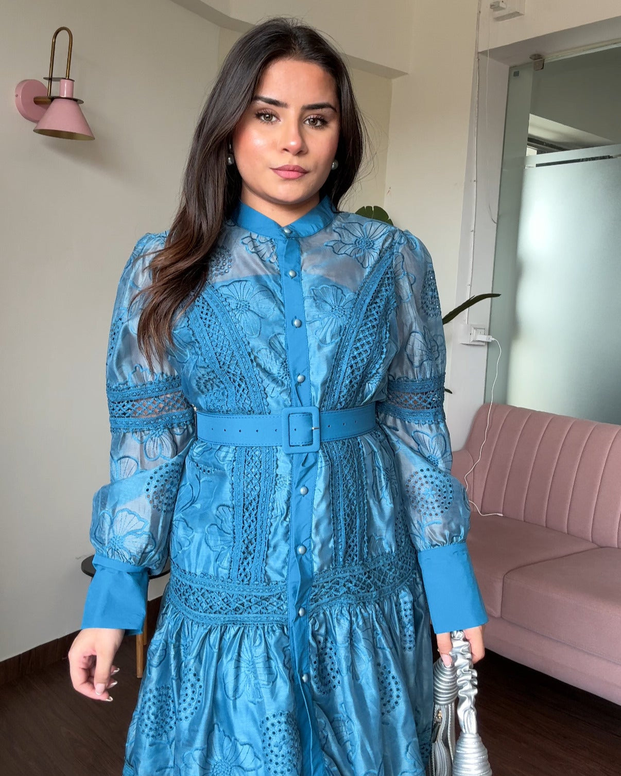 Organza Button Up Embroidered Flared Shirt Dress