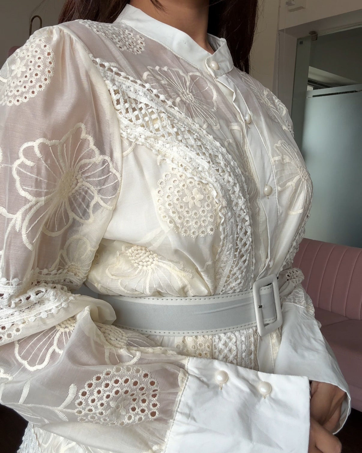 Organza Button Up Embroidered Flared Shirt Dress