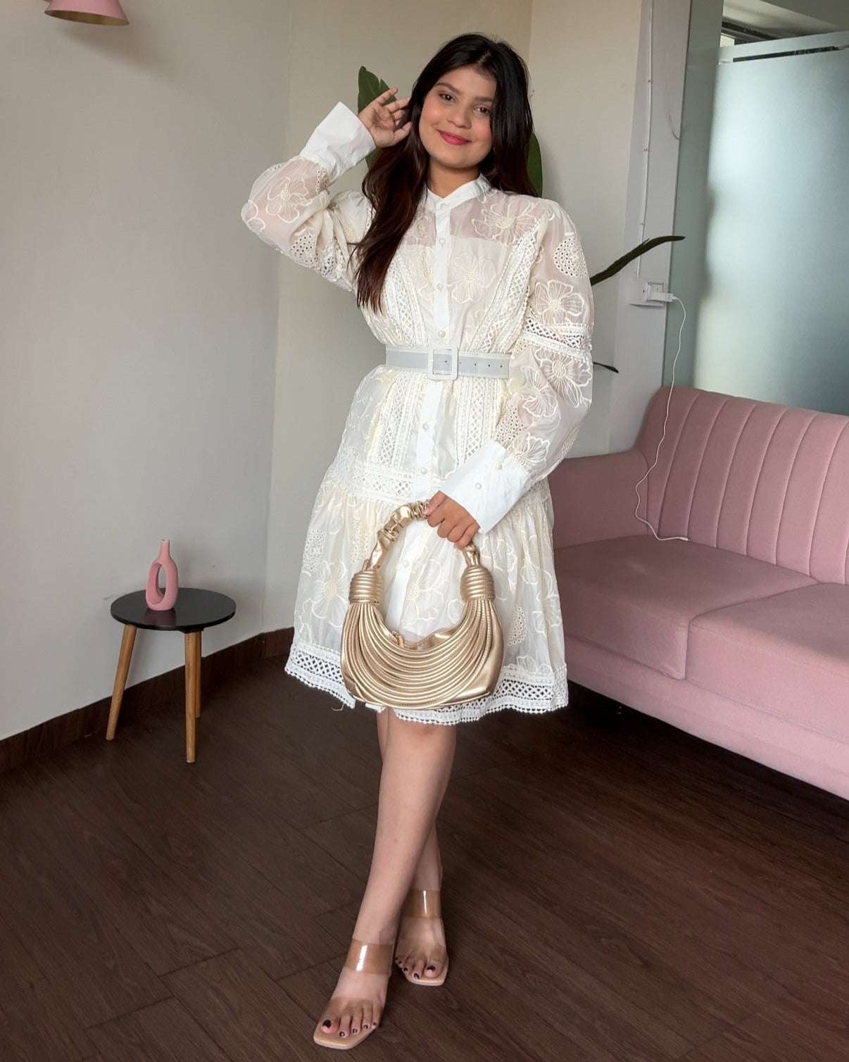 Organza Button Up Embroidered Flared Shirt Dress