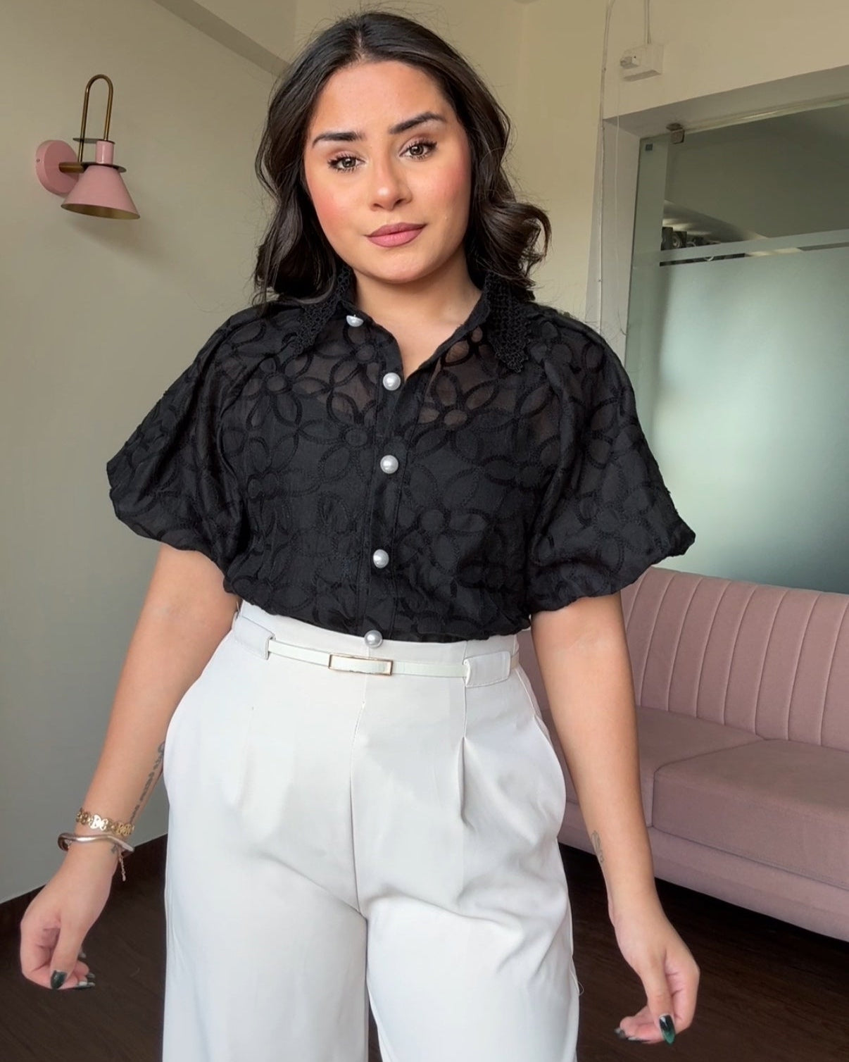 Organza Cut Sleeve Puff Sleeve Embroidered Top