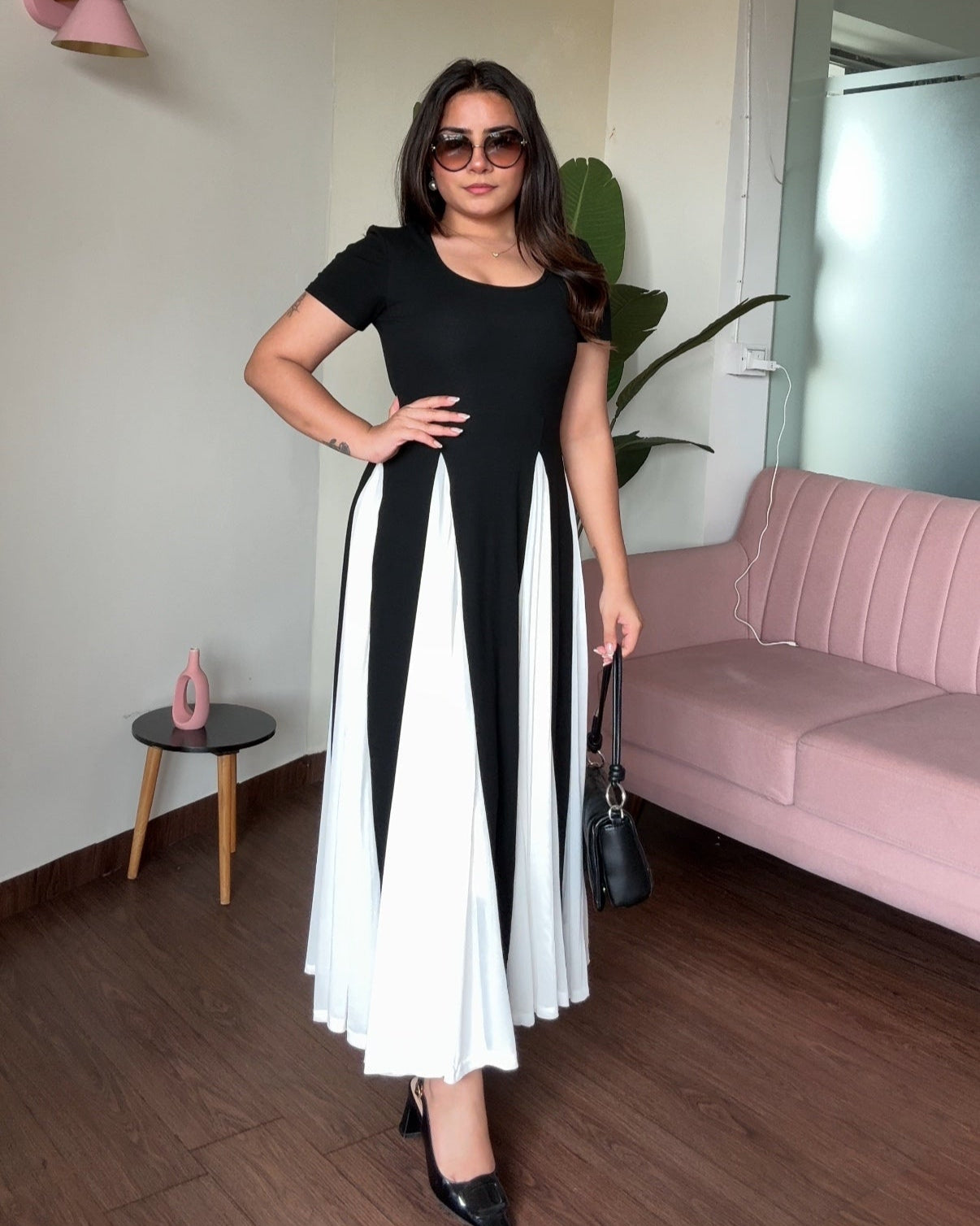 Padded Black And White Flared Midi Dress