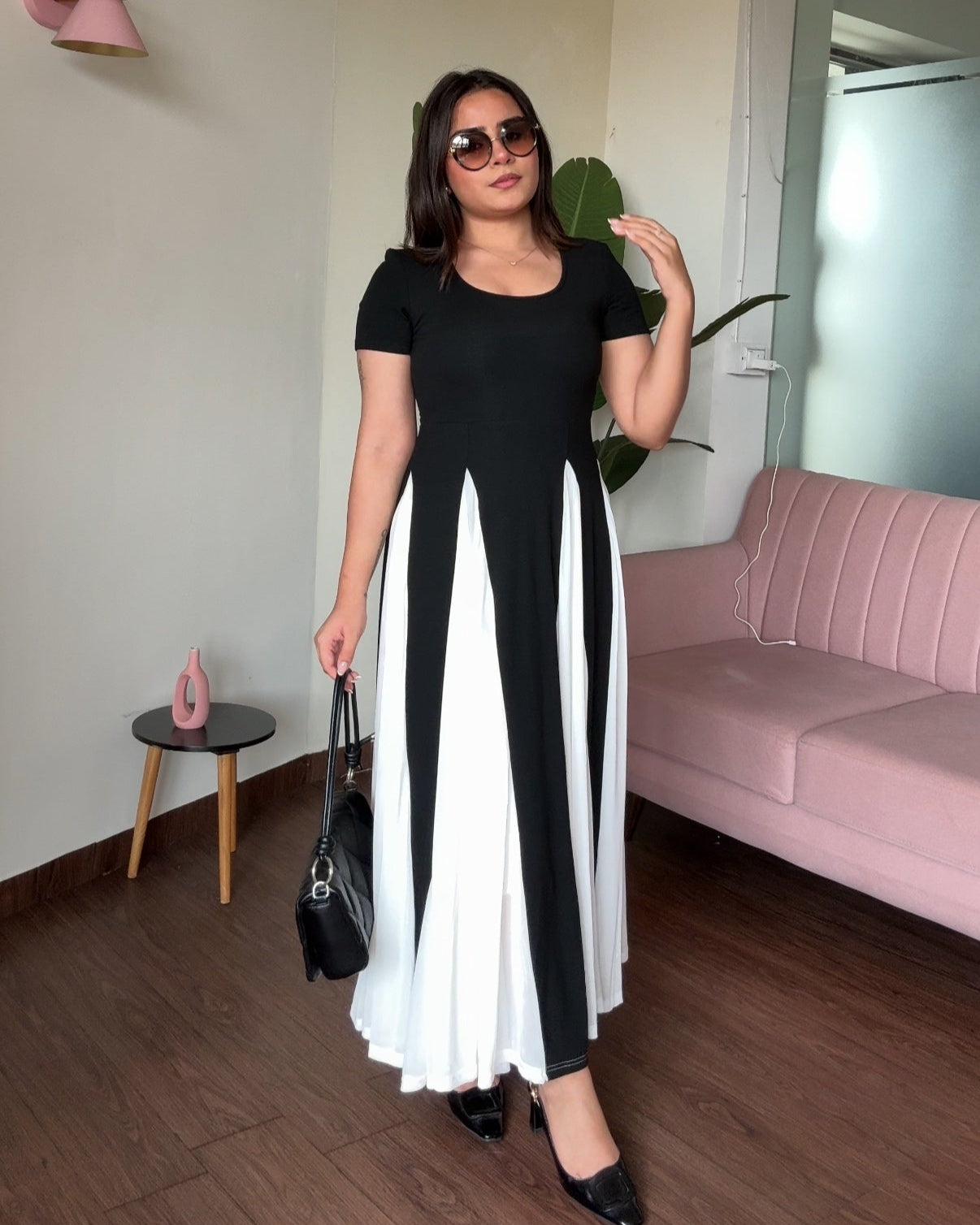 Padded Black And White Flared Midi Dress