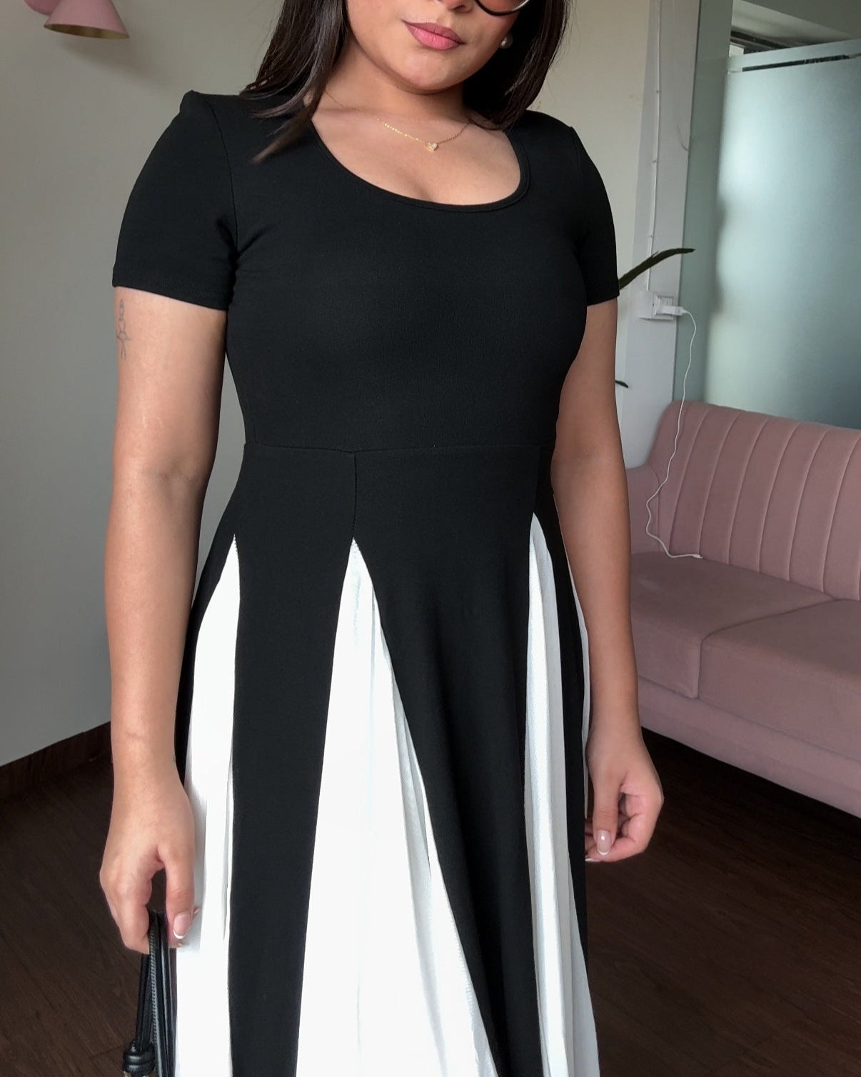 Padded Black And White Flared Midi Dress