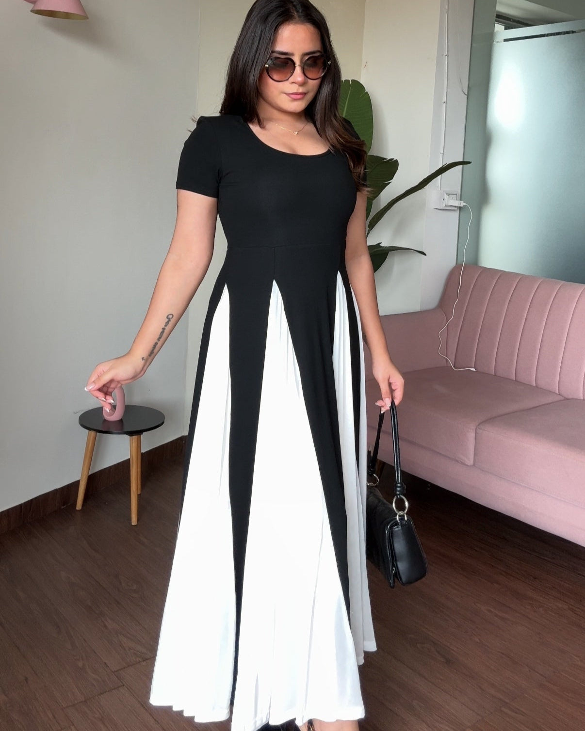 Padded Black And White Flared Midi Dress