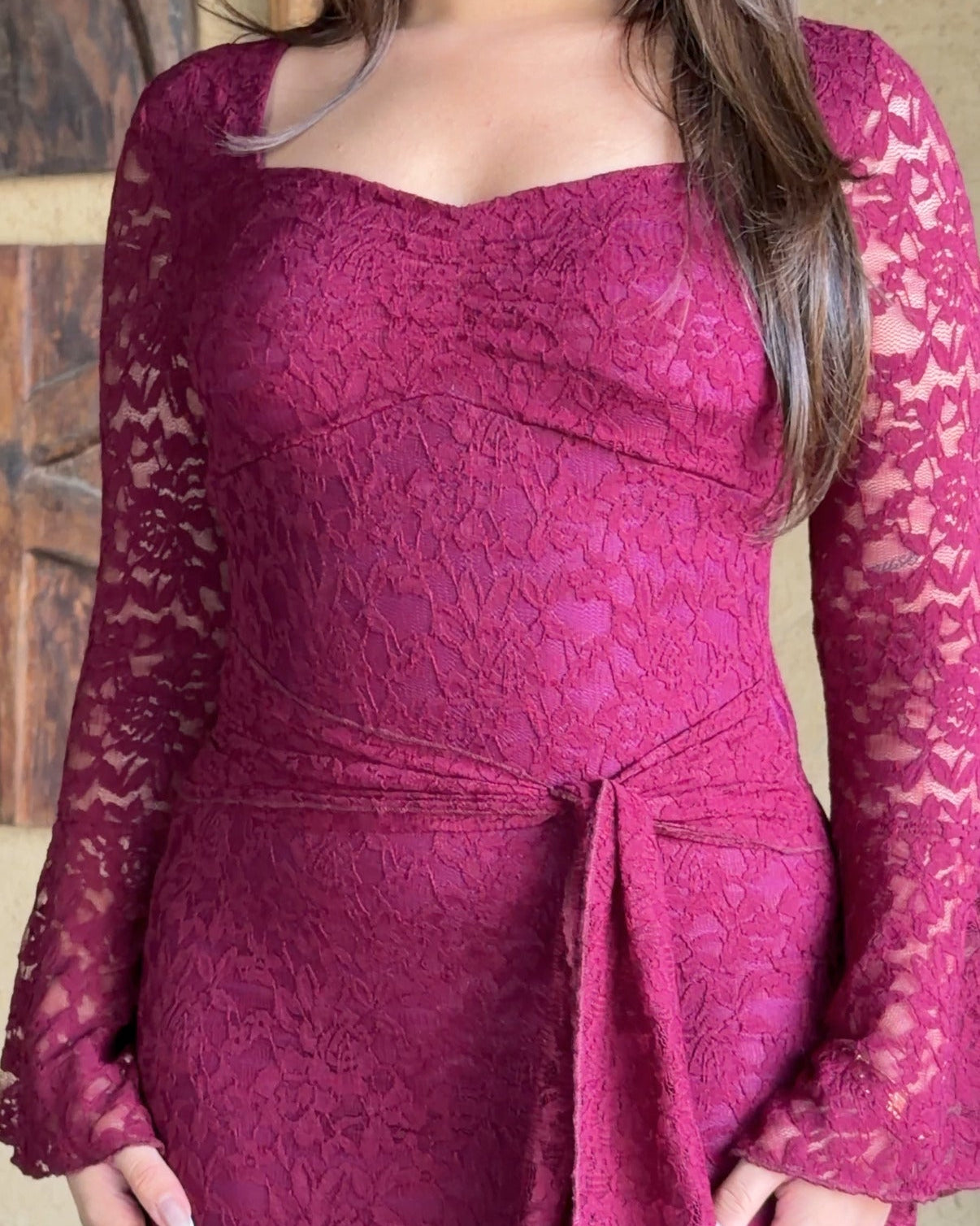 Padded Lacy Bell Sleeve Midi Dress With Tie Up Detailing