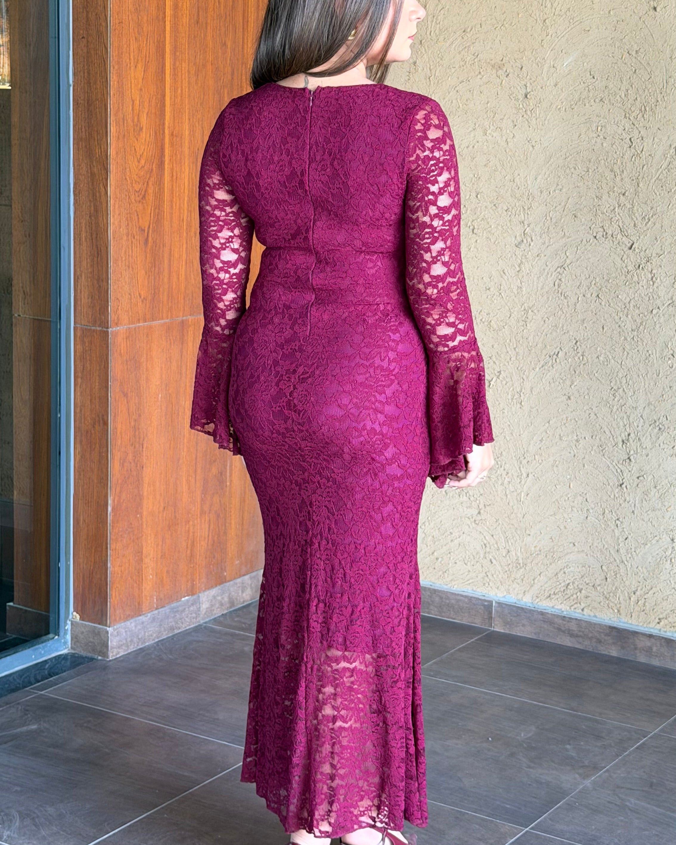 Padded Lacy Bell Sleeve Midi Dress With Tie Up Detailing