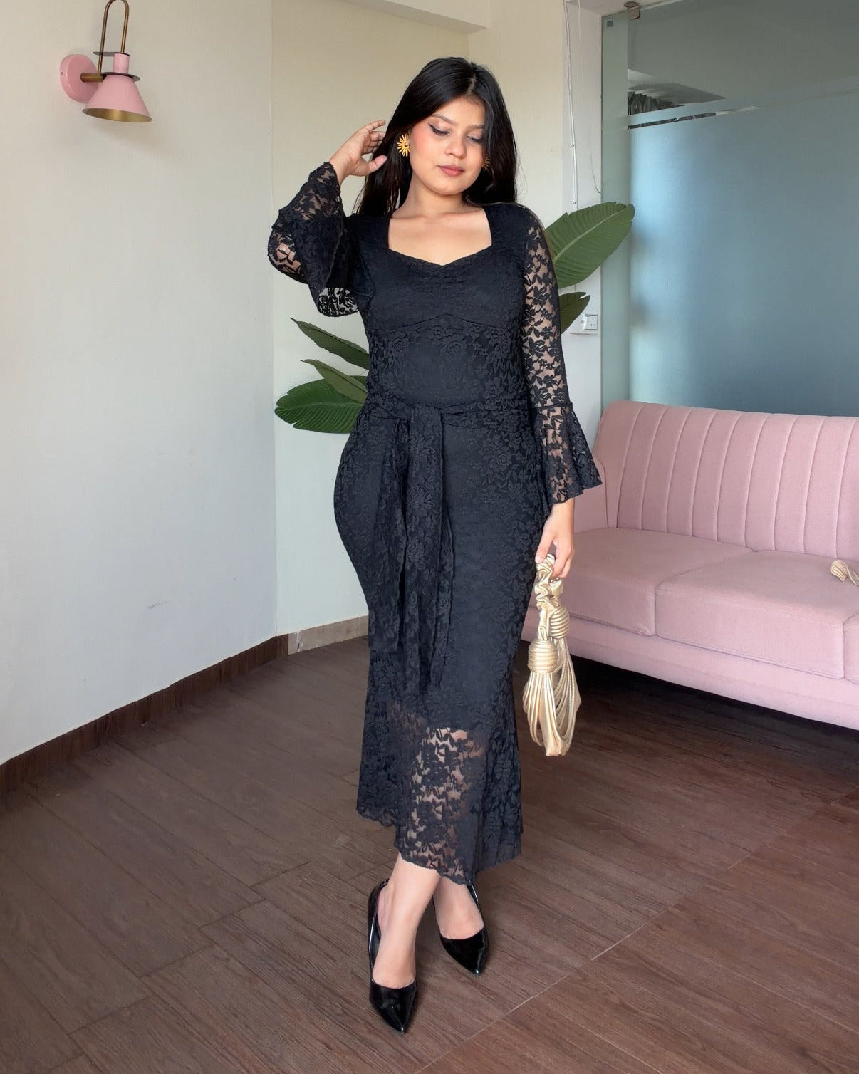 Padded Lacy Bell Sleeve Midi Dress With Tie Up Detailing