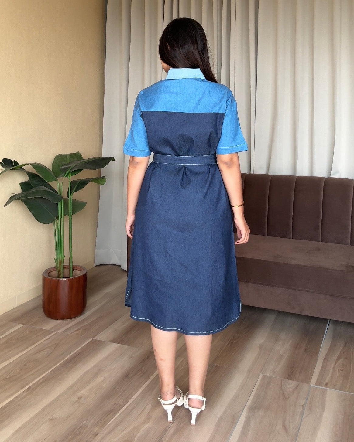 Patchwork Denim Midi Shirt Dress