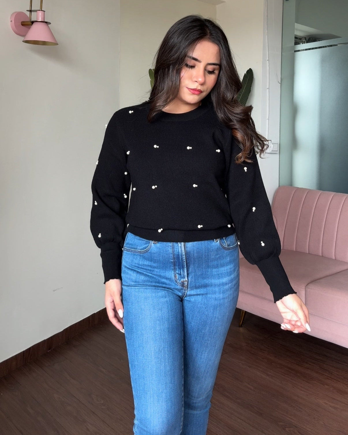 Pearl Scattered Embellished Puff Sleeve Sweater Top